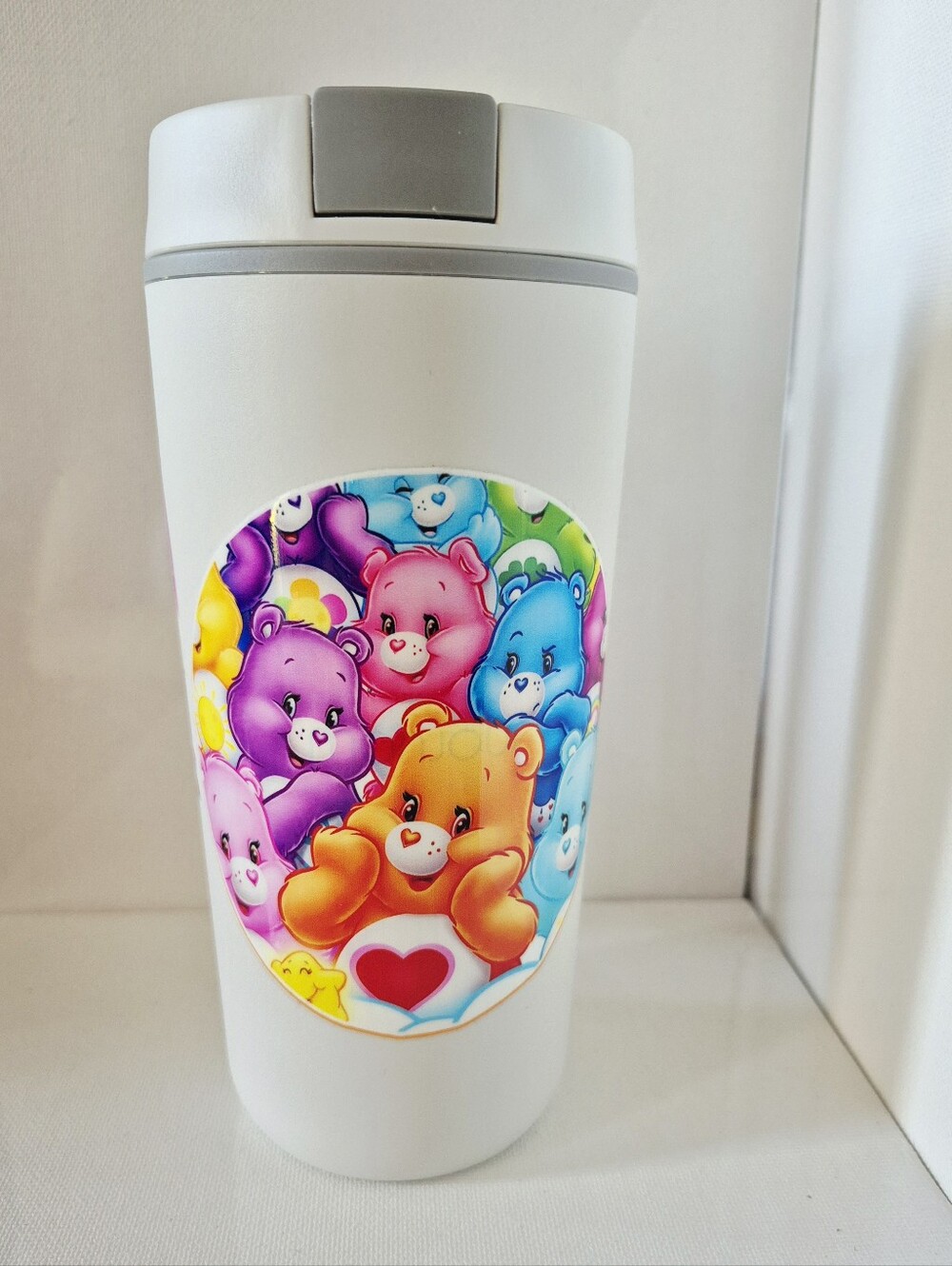 Care Bears Rainbow Themed insulated travel 20oz mug tumbler white grey lid